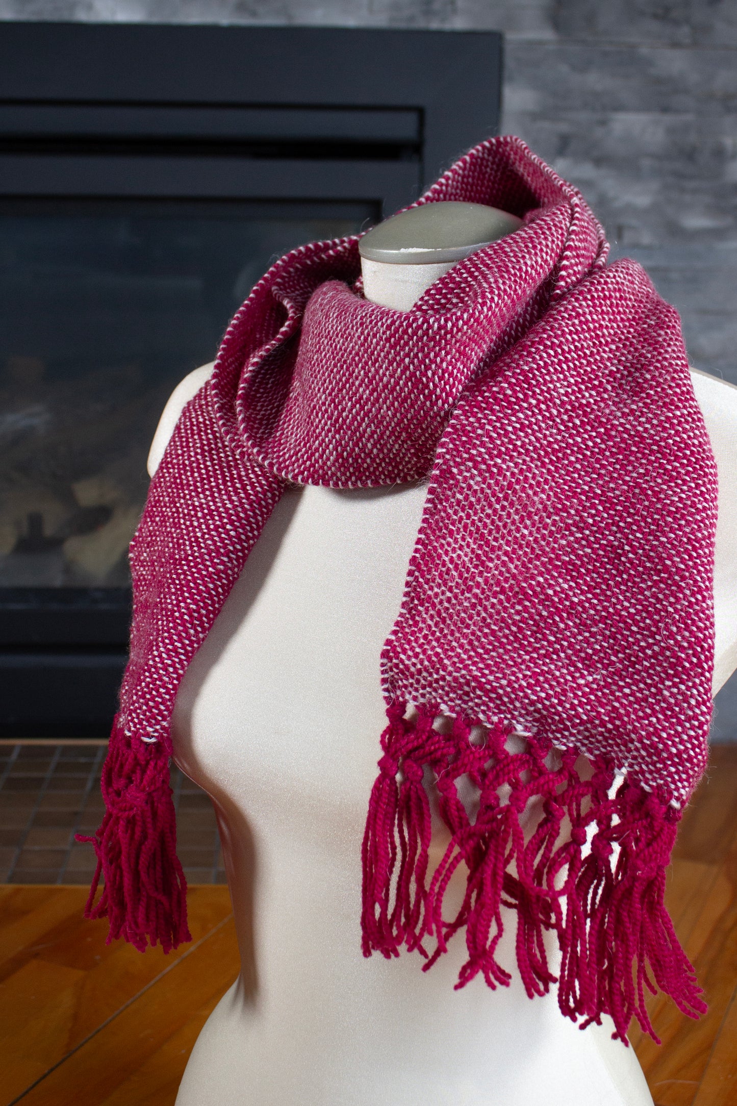 Wool scarf, magenta decorative fringe, white, undyed, off-white, handmade, natural fibres, mohair, locally sourced, woven in Canada