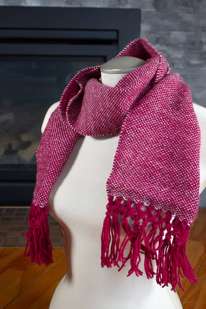 Wool scarf, magenta decorative fringe, white, undyed, off-white, handmade, natural fibres, mohair, locally sourced, woven in Canada