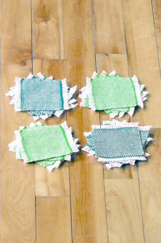 Cotton coasters: Set of four, hemstitched, Green & White, Sea Green & White, handmade, natural fibres, woven in Canada