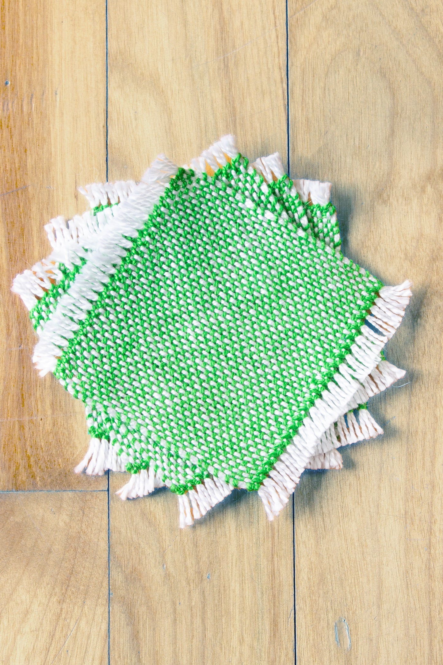 Cotton coasters: Set of four, hemstitched, Green & White, handmade, natural fibres, woven in Canada