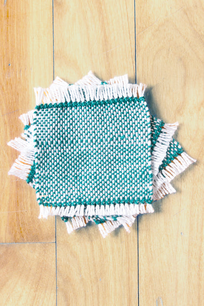 Cotton coasters: Set of four, hemstitched, Sea Green & White, handmade, natural fibres, woven in Canada