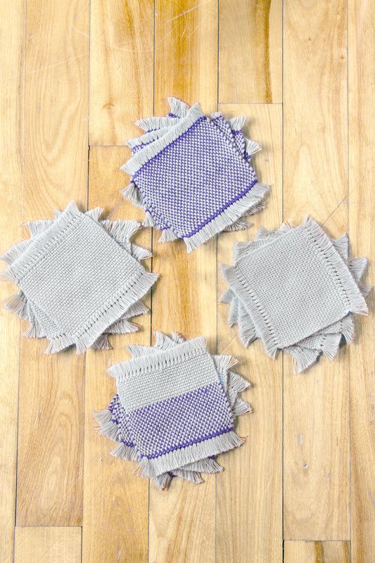 Cotton coasters: Set of four, hemstitched, Purple, Purple & Grey, Grey, handmade, natural fibres, woven in Canada