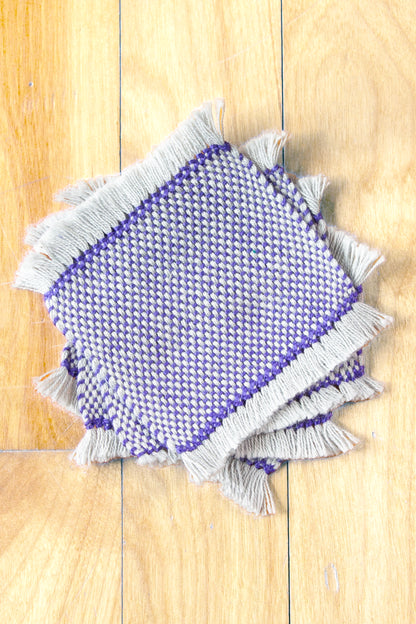 Cotton coasters: Set of four, hemstitched, Purple, handmade, natural fibres, woven in Canada