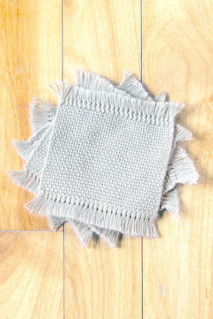 Cotton coasters: Set of four, hemstitched, Grey, handmade, natural fibres, woven in Canada