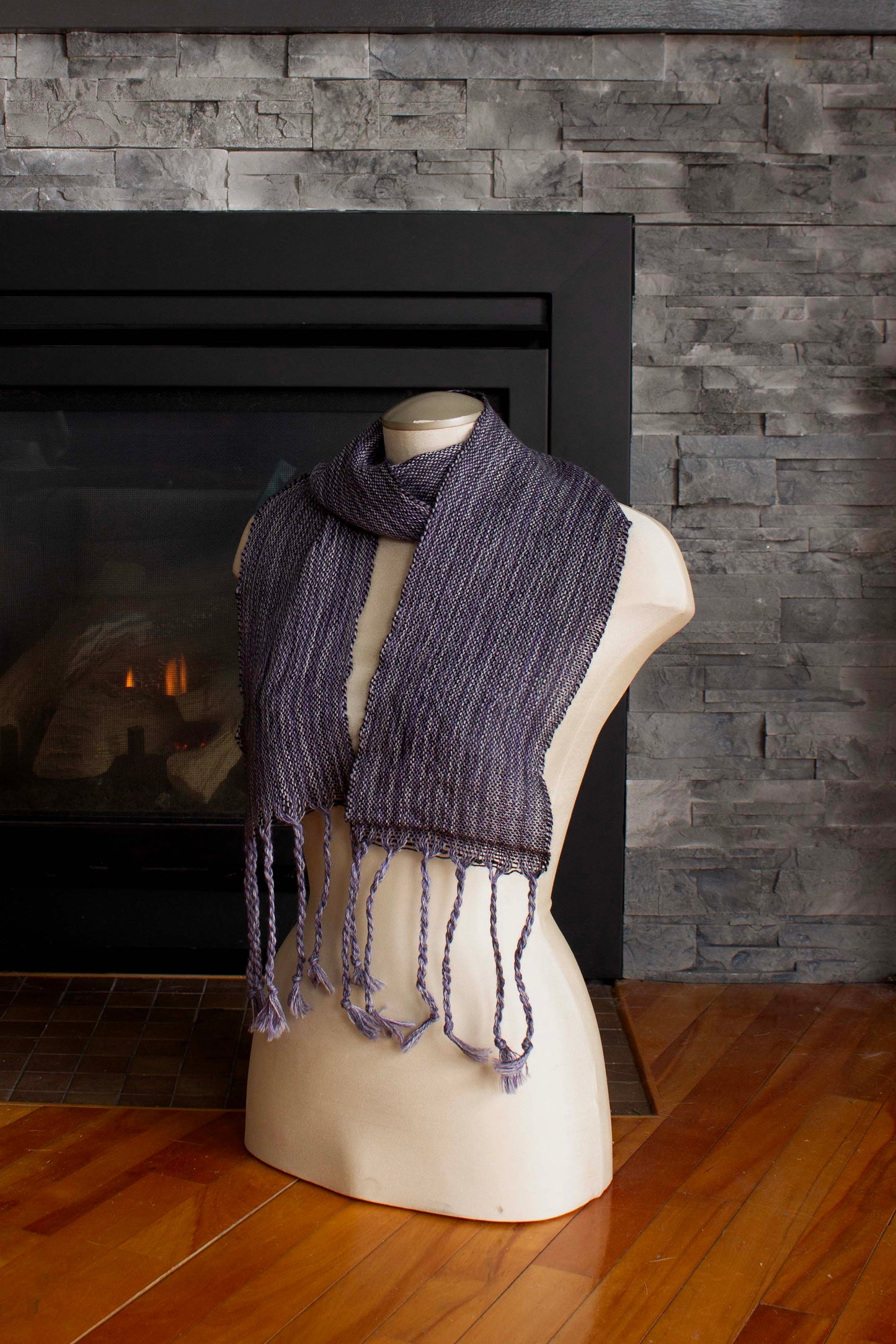 Alpaca blend scarf, dark purple, purple, black, white, mixed colours, handmade, natural fibres, alpaca, mohair, locally sourced yarn, soft, lightweight, twisted fringe, hemstitched, woven in Canada