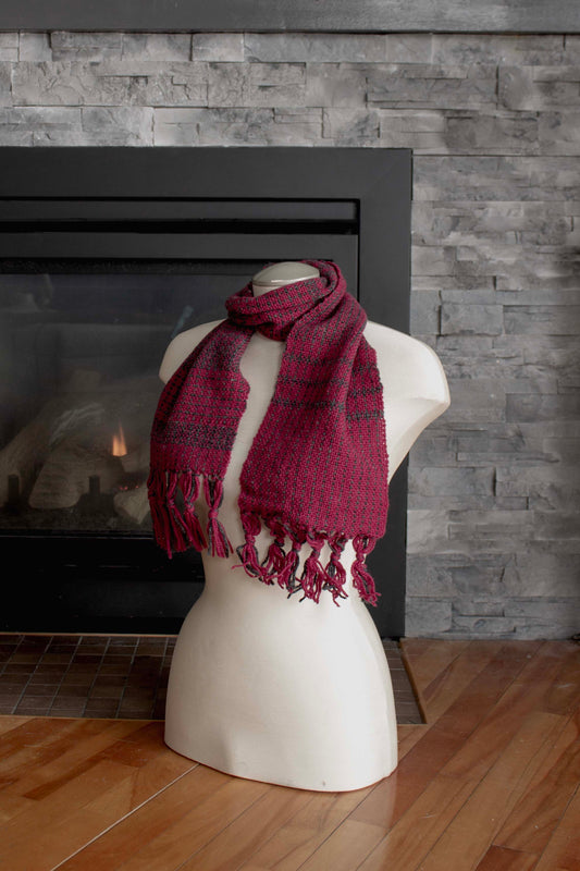 Wool scarf, red plaid, grey, handmade, natural fibres, pure wool, locally sourced yarn, woven in Canada