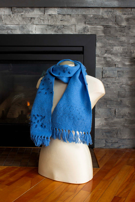 Wool scarf, blue rya knots, light blue, dark blue, handmade, natural fibres, Andean highland wool, local wool, reclaimed loom waste, woven in Canada