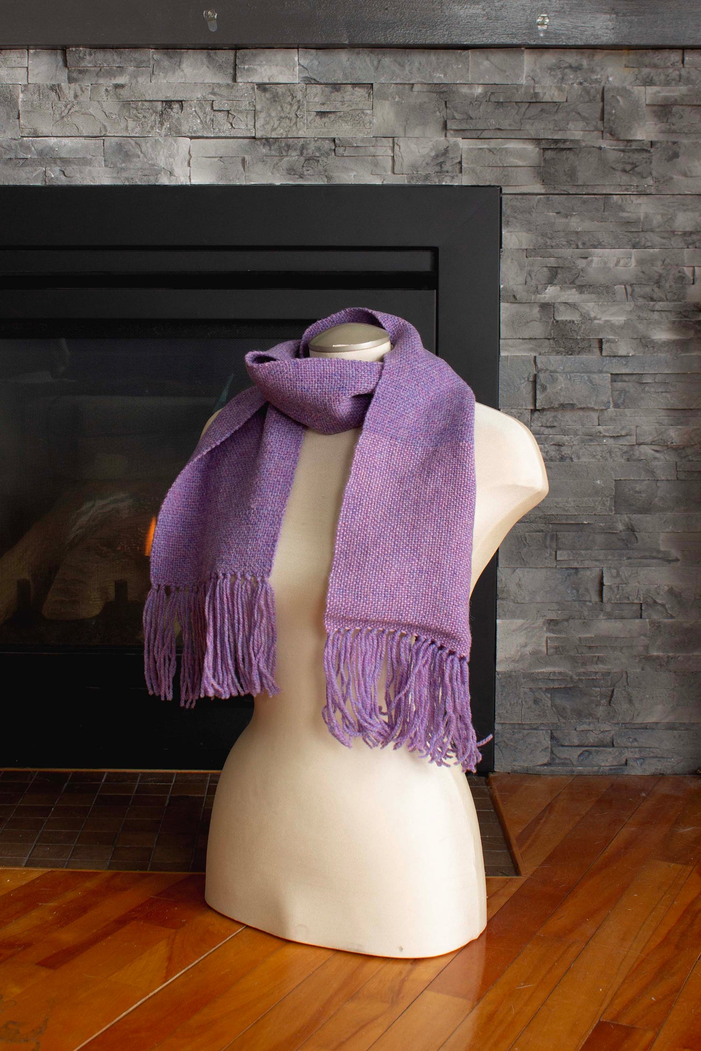 Wool scarf, solid purple, heathered purple, light purple, lavender, handmade, natural fibres, Royal alpaca, local wool, reclaimed loom waste, soft, woven in Canada